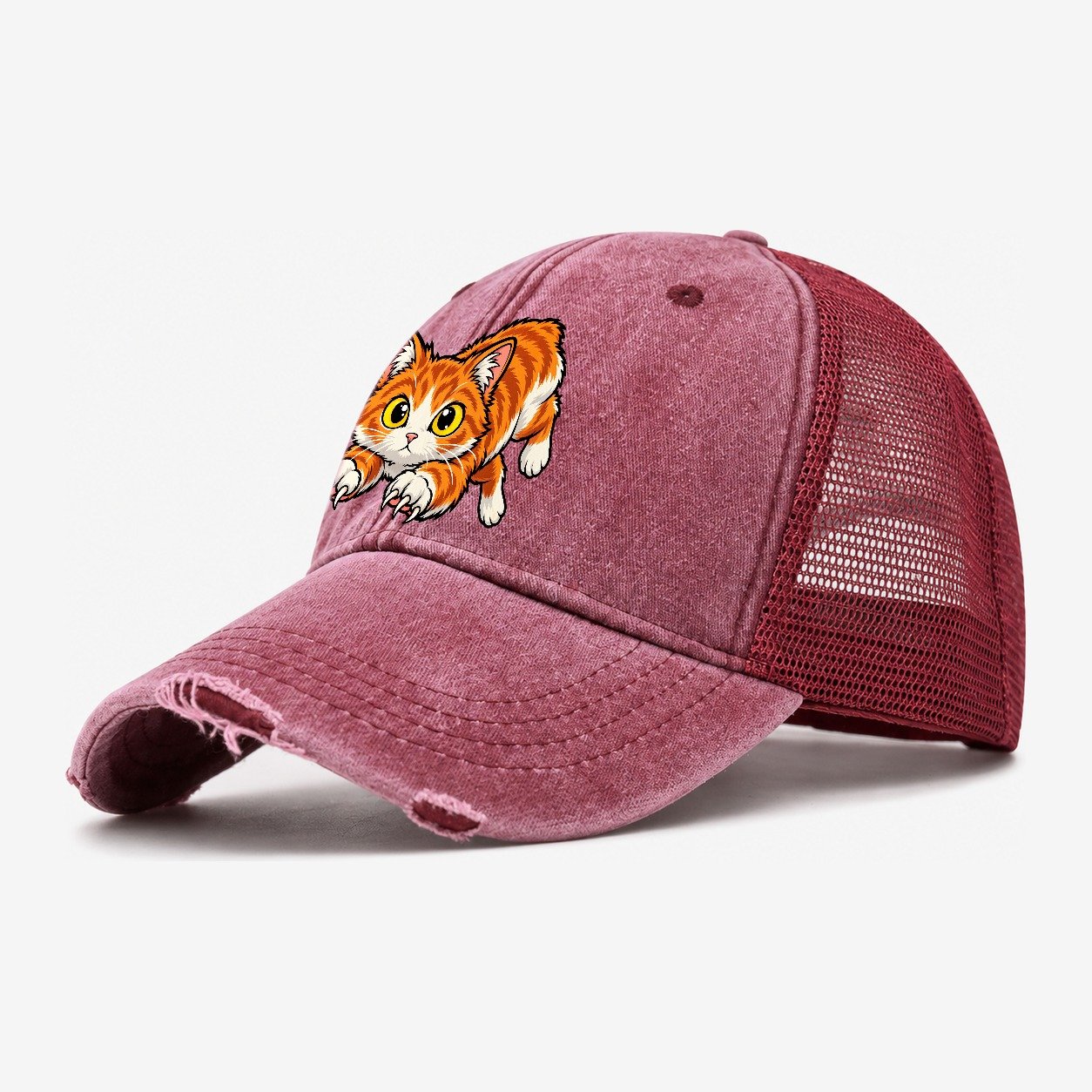 Manx Hopping Peeking Cats Washed Trucker Hat – Wine Red