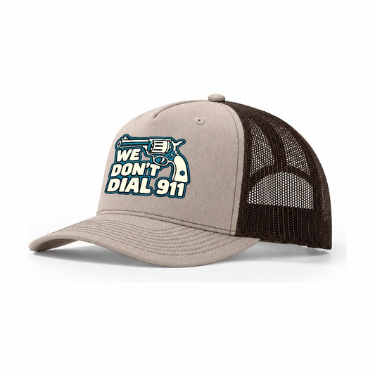 Continuous Line Mark We Don't Dial 911 Trucker Hat – Khaki Brown