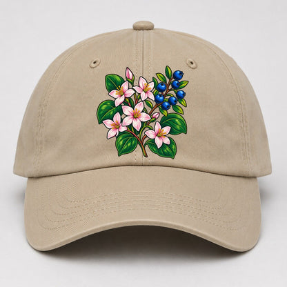 Nova Scotia Mayflower And Wild Blueberries Canada Cultural Icons Baseball Cap – Khaki