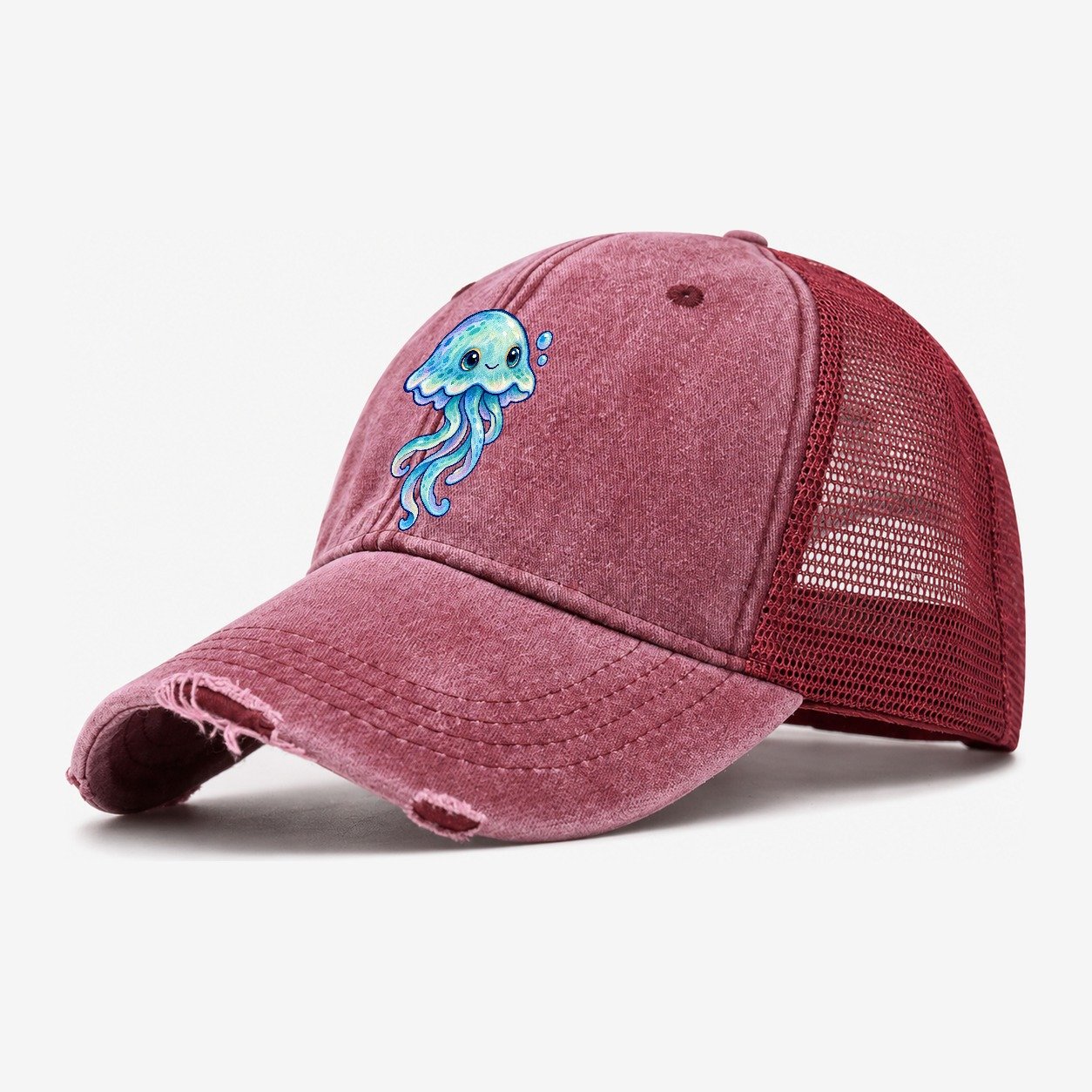 Jellyfish Upward Drift Sea Sprite Washed Trucker Hat – Wine Red