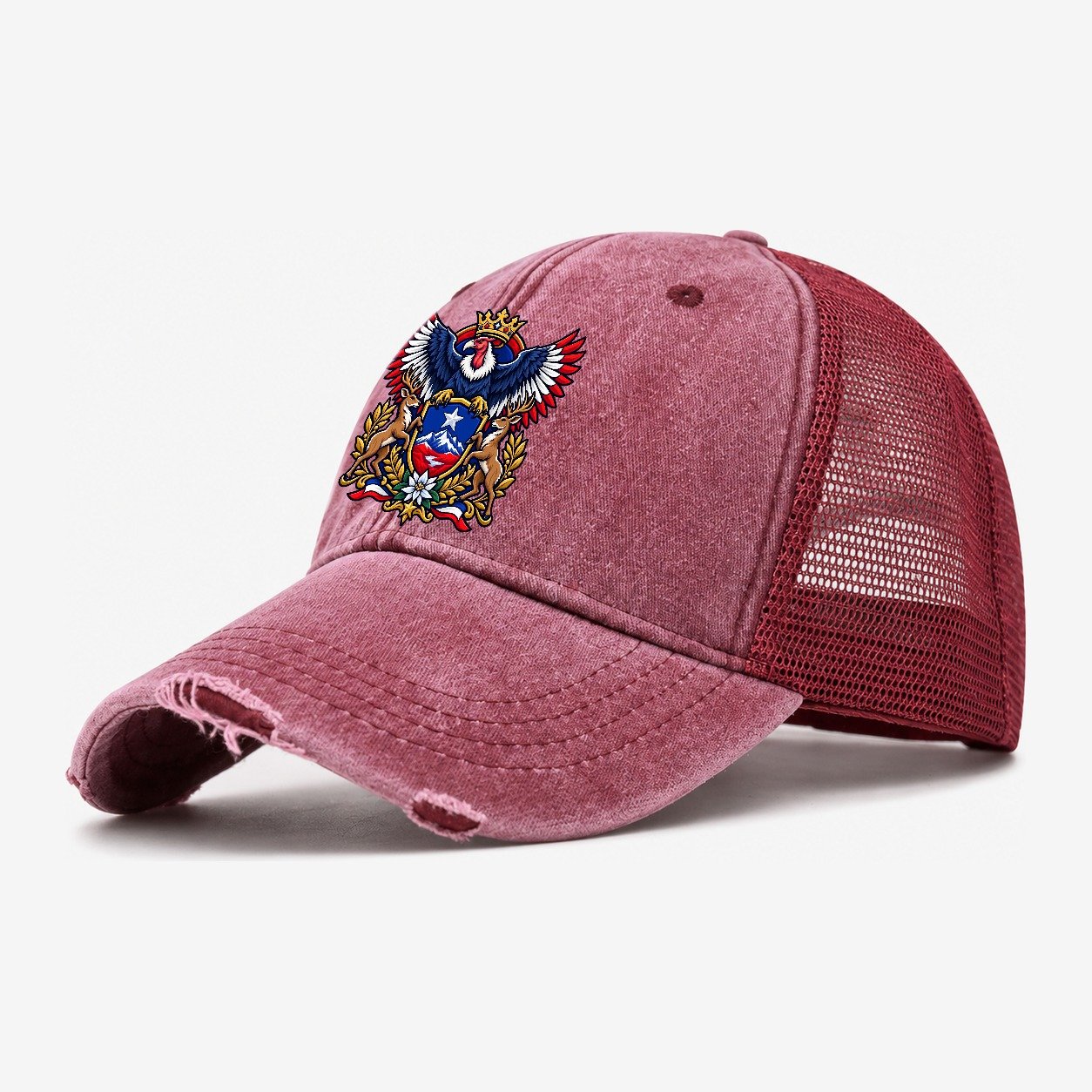 Chile Heraldic Crest Country Logos Washed Trucker Hat – Wine Red