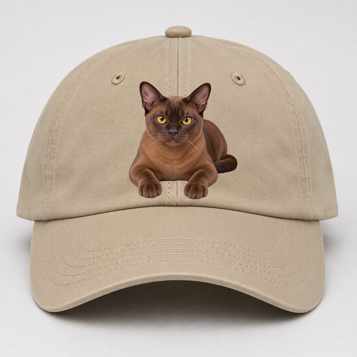 Burmese Reclining Paws Forward Realistic Cat Portrait Baseball Cap – Khaki