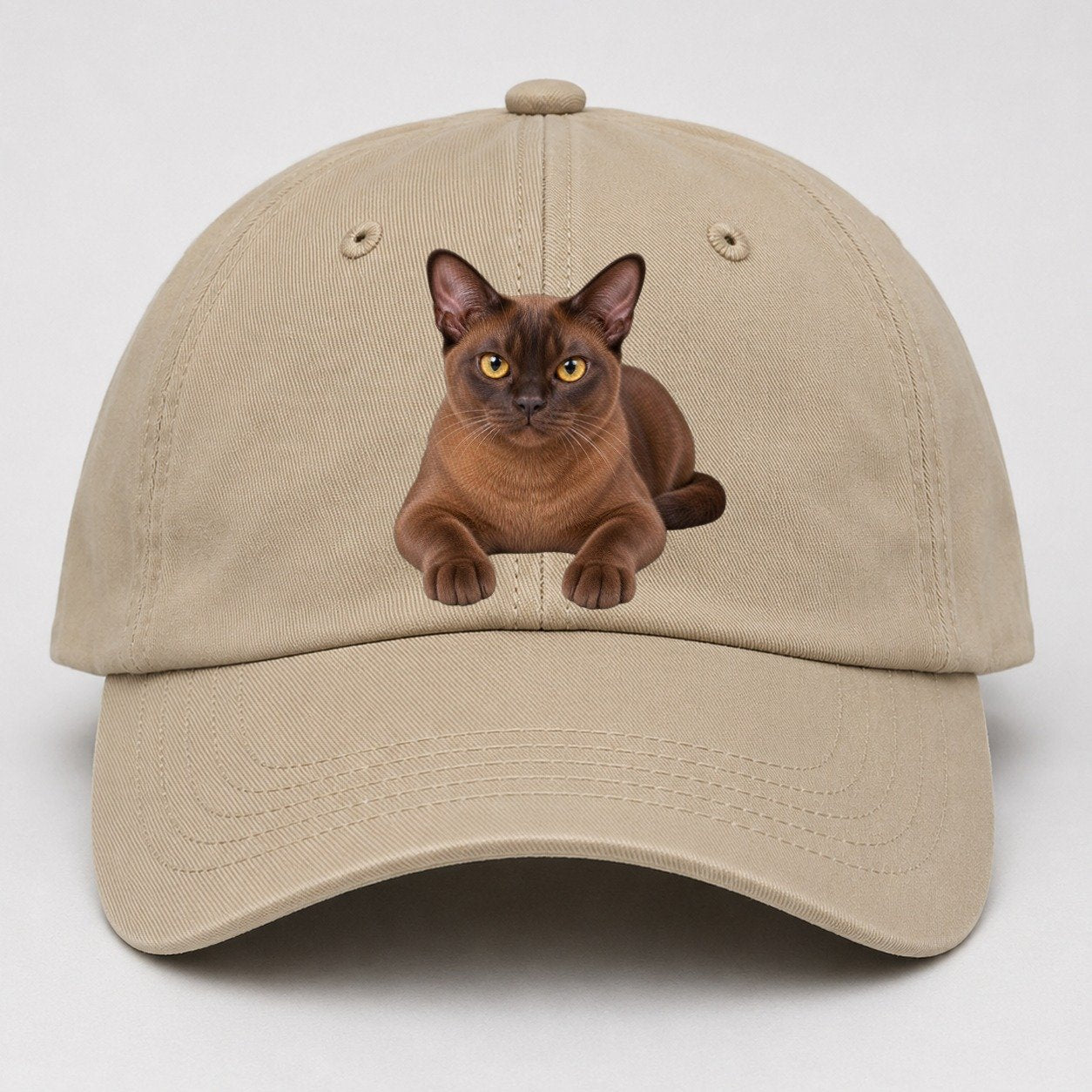 Burmese Reclining Paws Forward Realistic Cat Portrait Baseball Cap – Khaki