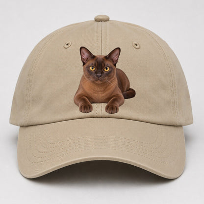 Burmese Reclining Paws Forward Realistic Cat Portrait Baseball Cap – Khaki