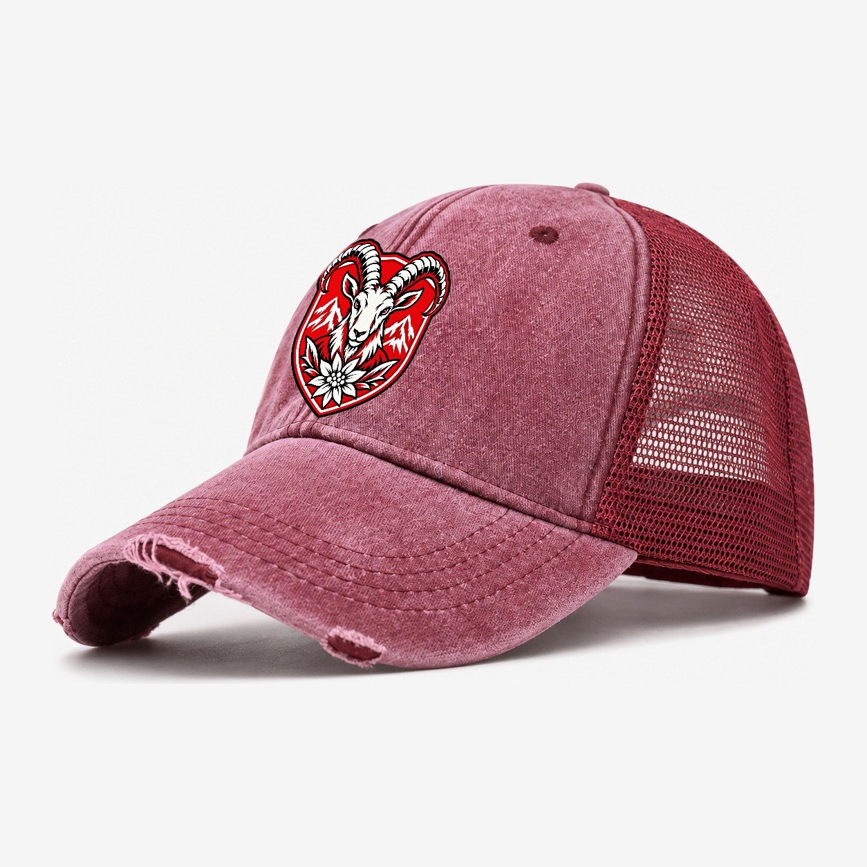 Switzerland Minimal Emblem Country Logos Washed Trucker Hat – Wine Red