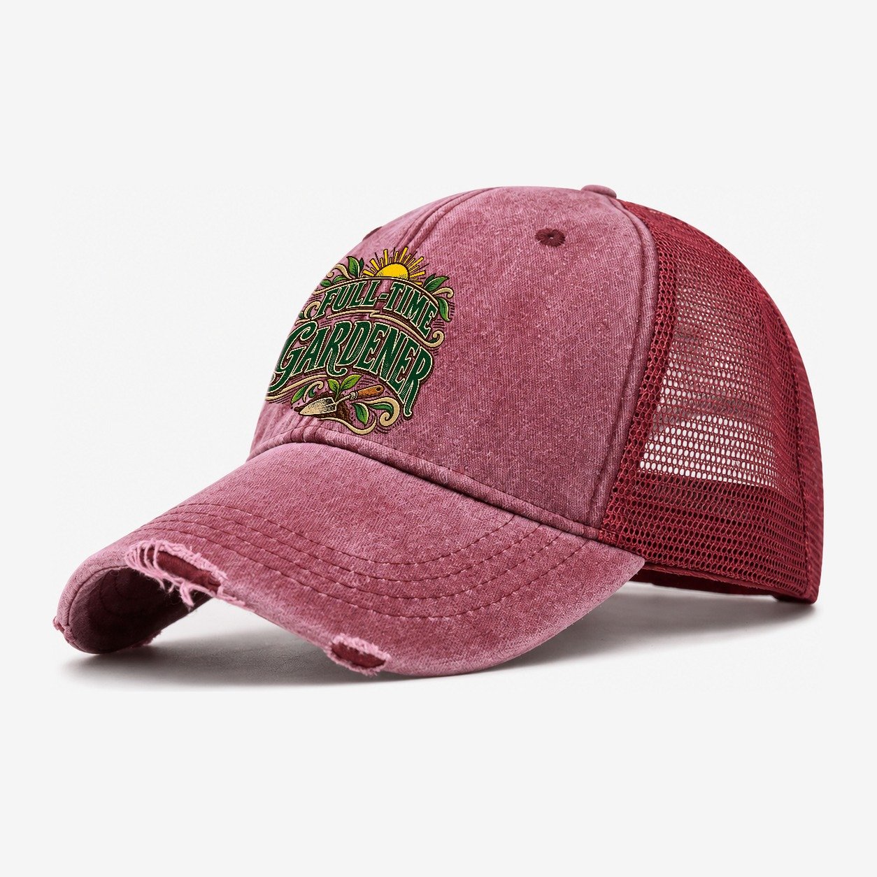 Full Time Gardener Retired Living Washed Trucker Hat – Wine Red