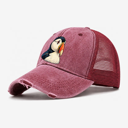 Puffin Portrait Washed Trucker Hat – Wine Red