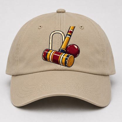 Croquet Mallet Hoop And Burgundy Ball Uk Culture Heritage Baseball Cap – Khaki