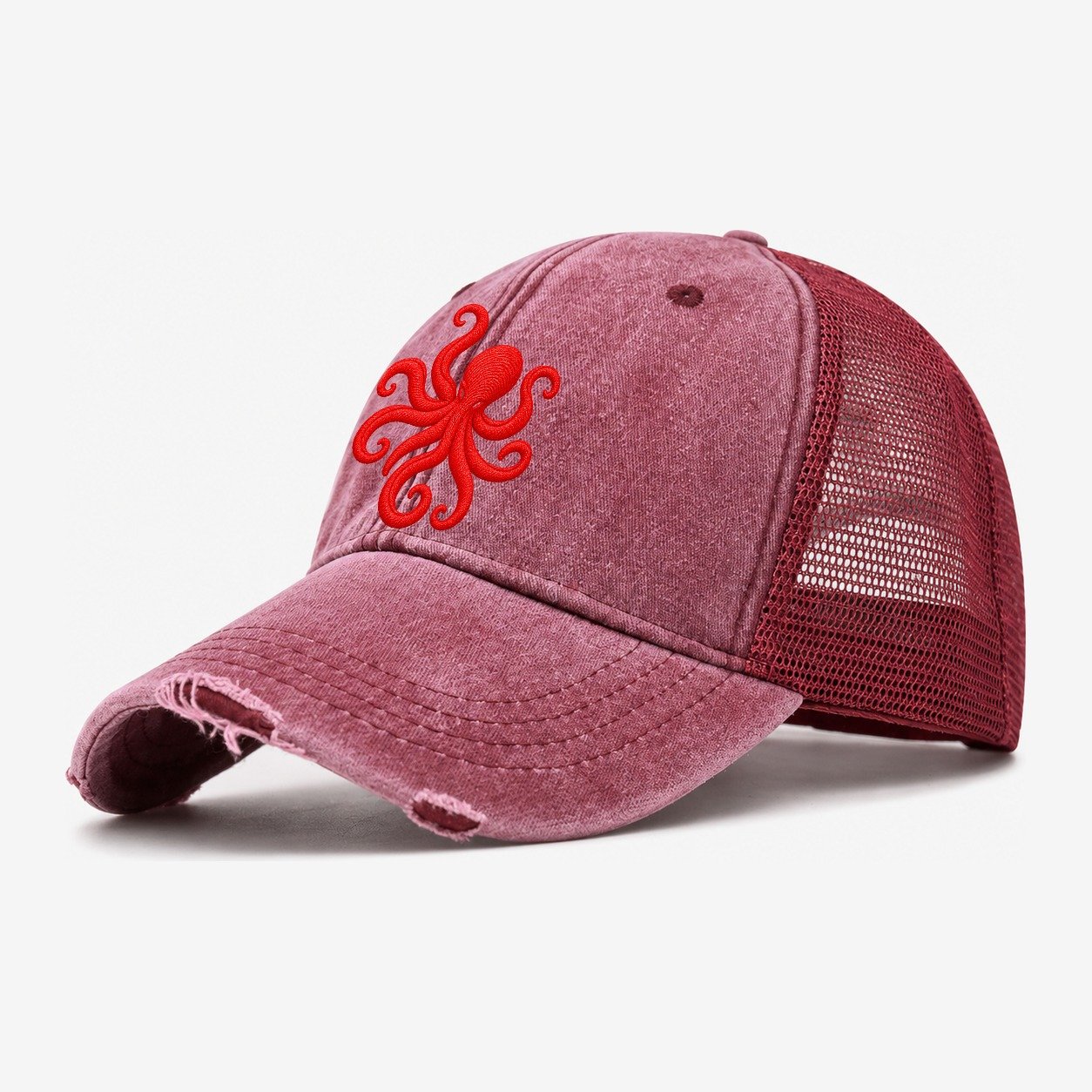 Octopus Spiral Reach Micro Motion Mark Washed Trucker Hat – Wine Red