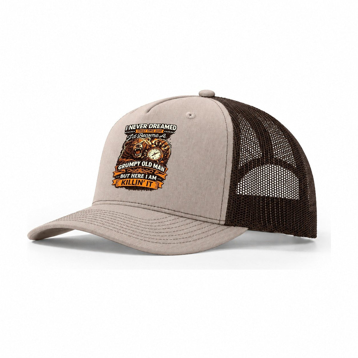 Grumpy Old Man Roaring Bear Trucker Hat – Khaki Brown