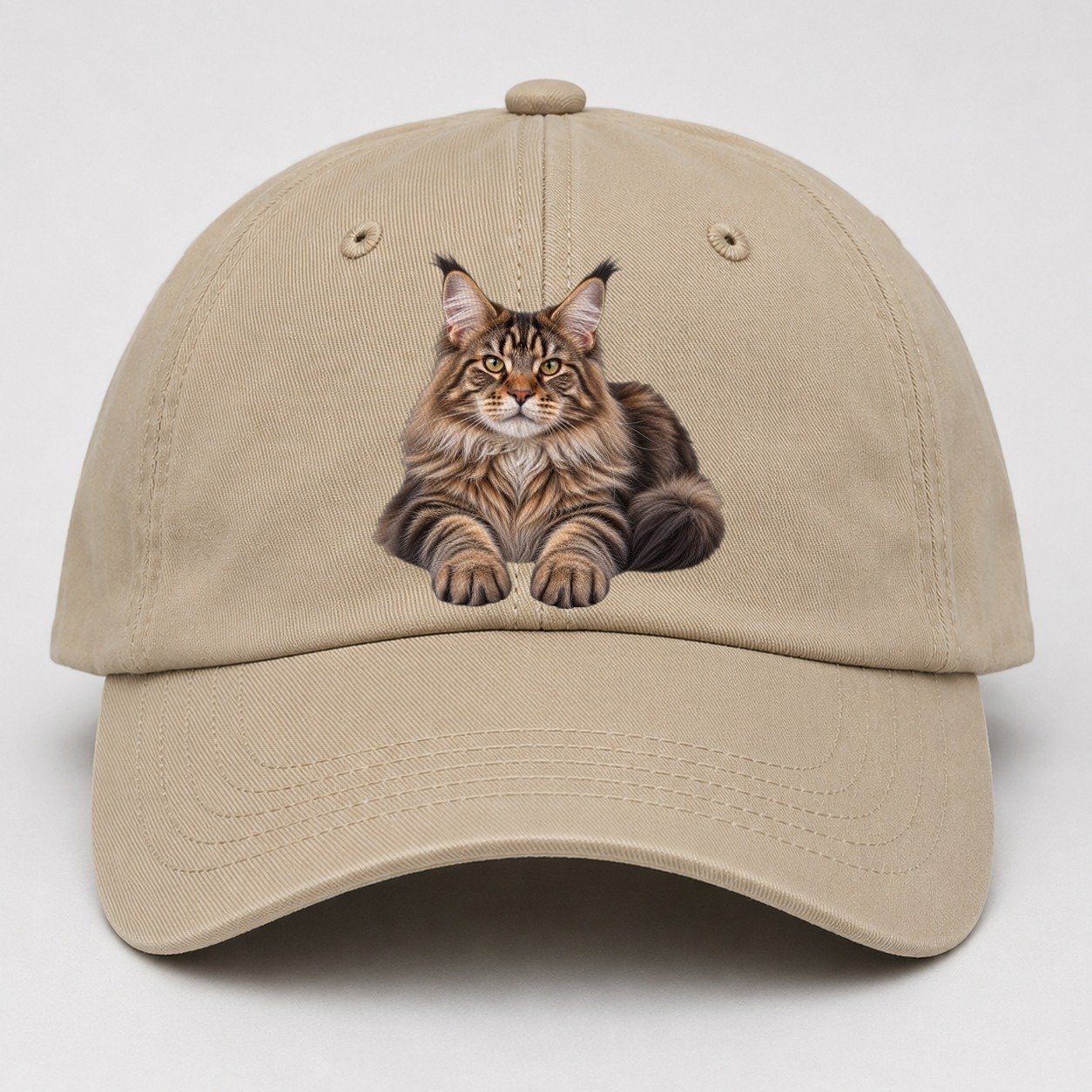 Maine Coon Reclining Paws Forward Realistic Cat Portrait Baseball Cap – Khaki