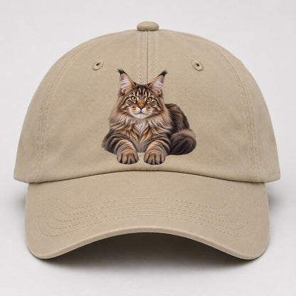Maine Coon Reclining Paws Forward Realistic Cat Portrait Baseball Cap – Khaki