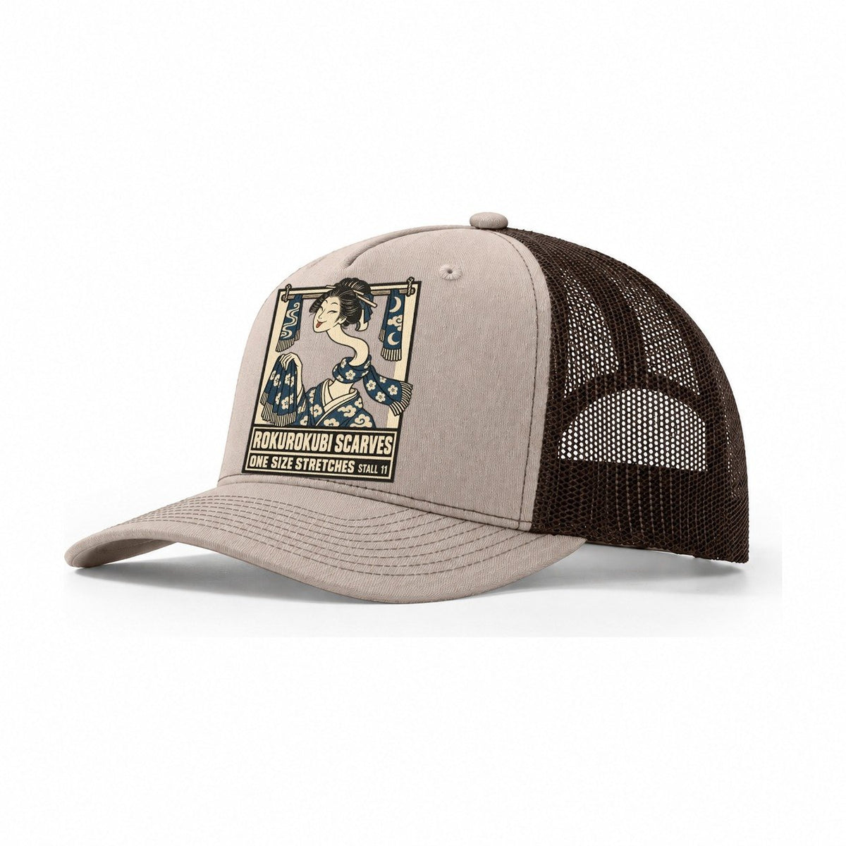 Rokurokubi Scarves Yokai Night Market Trucker Hat – Khaki Brown