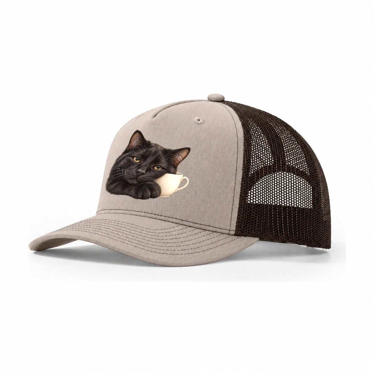 Black Cat Teacup Companion Pastimes Companions Trucker Hat – Khaki Brown