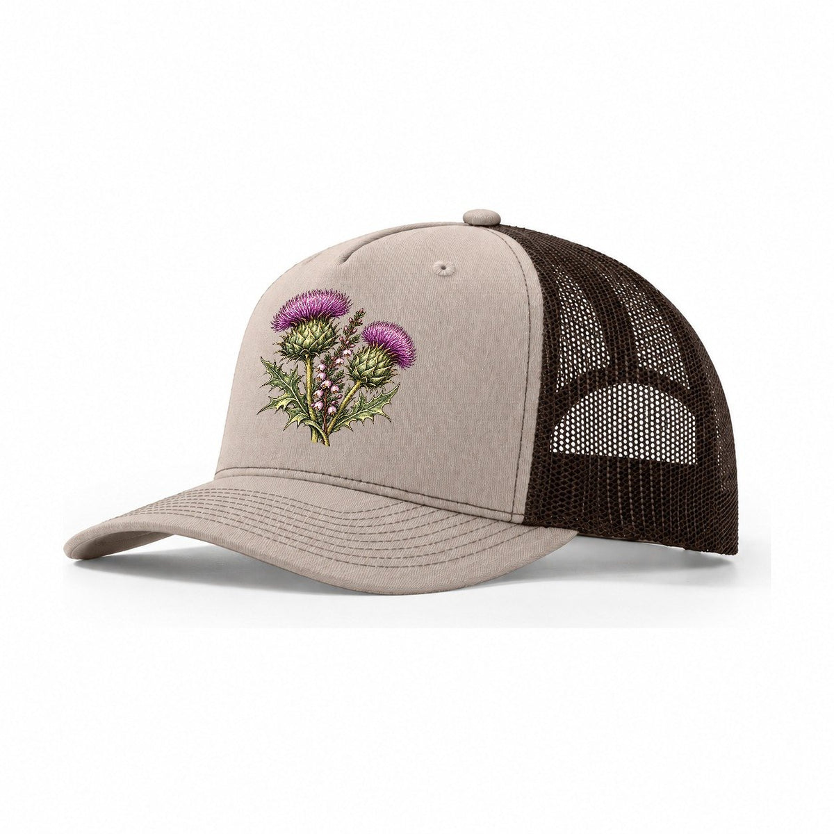Twin Thistles And Heather Pastimes Companions Trucker Hat – Khaki Brown