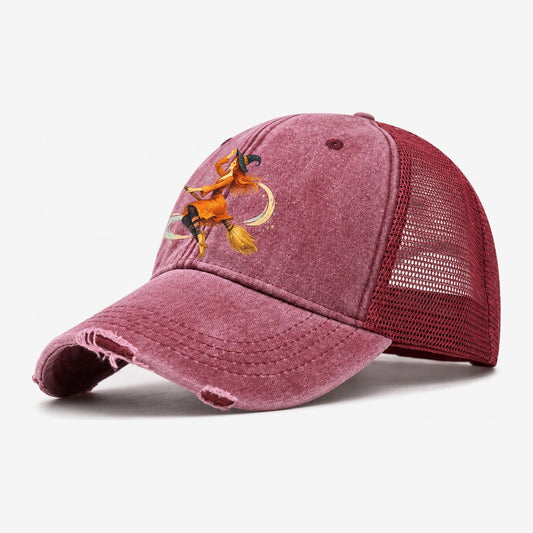 Reimagined Vintage Charm: Enchanting Witch On Broom Washed Trucker Hat – Wine Red
