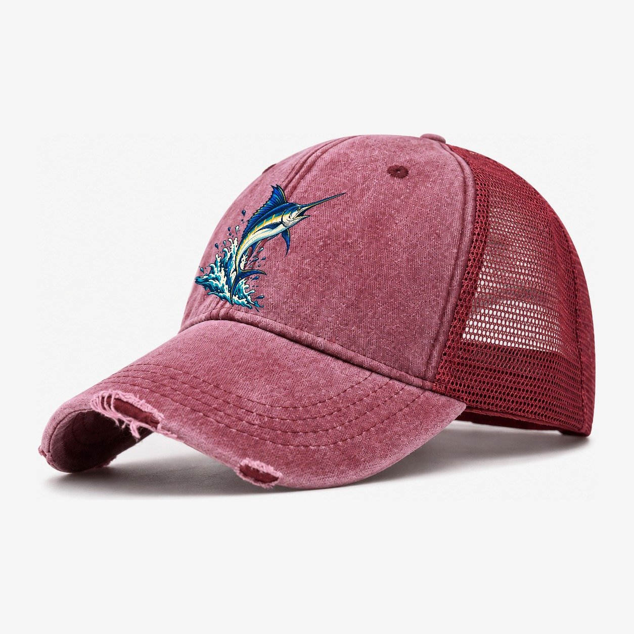 Marlin Leap Fishing Elegant Washed Trucker Hat – Wine Red