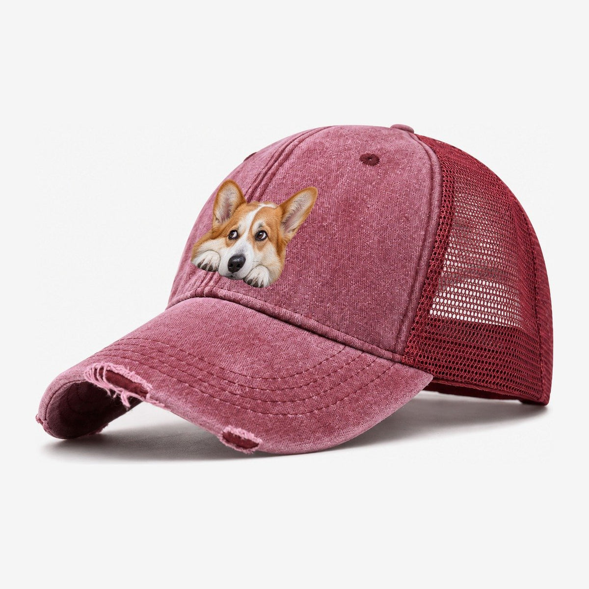 Corgi Resting Chin Character Club Washed Trucker Hat – Wine Red