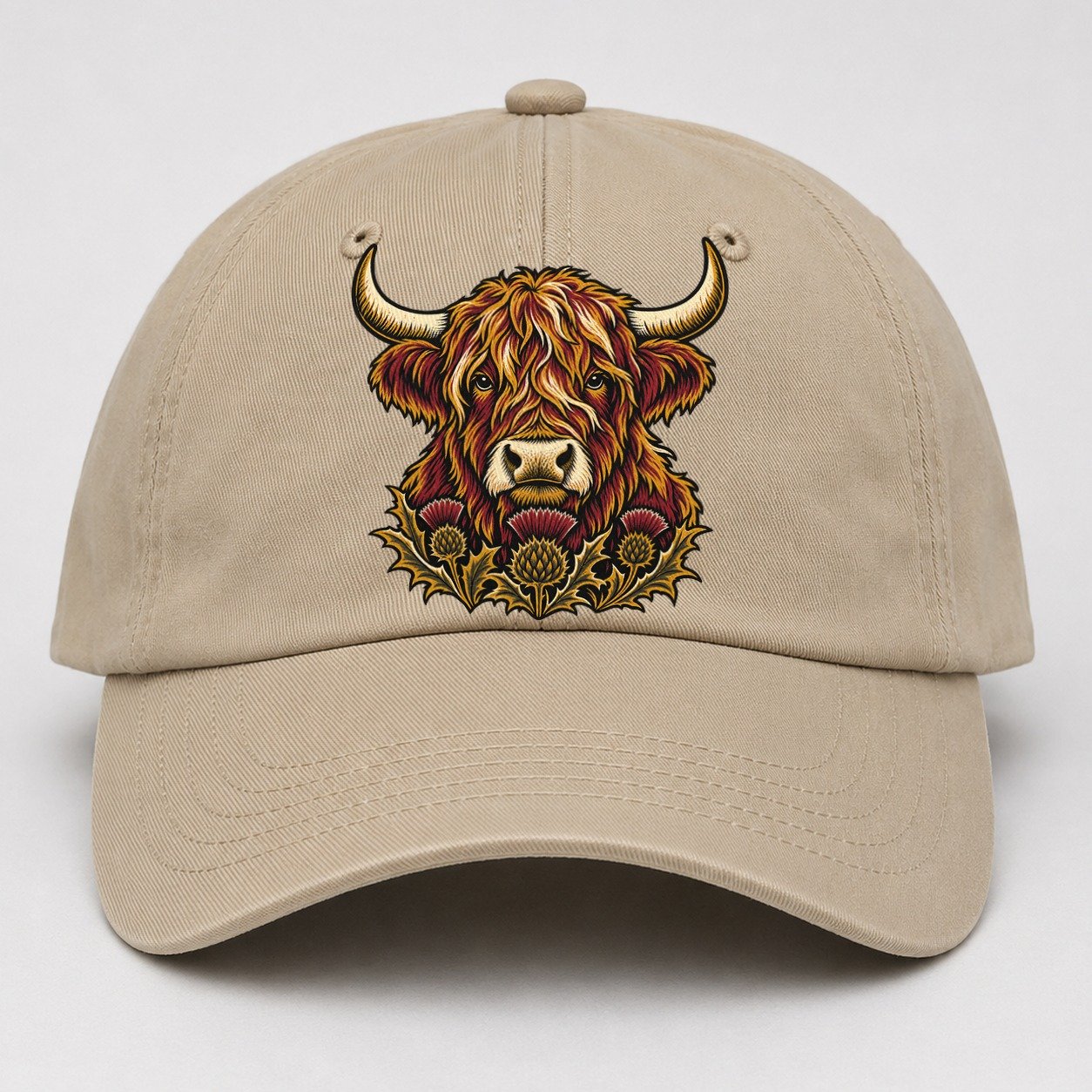Highland Cow With Thistle Meadow Uk Culture Heritage Baseball Cap – Khaki