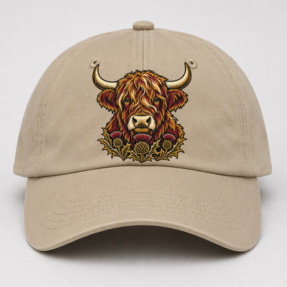Highland Cow With Thistle Meadow Uk Culture Heritage Baseball Cap – Khaki