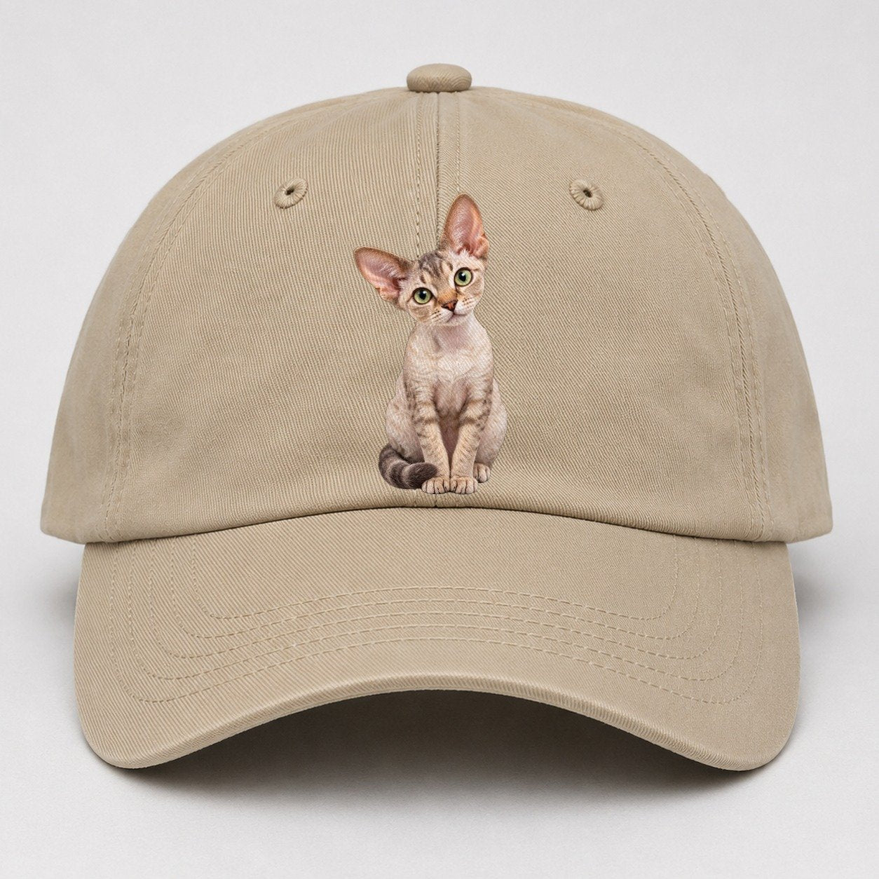 Devon Rex Seated Portrait Realistic Cat Portrait Baseball Cap – Khaki