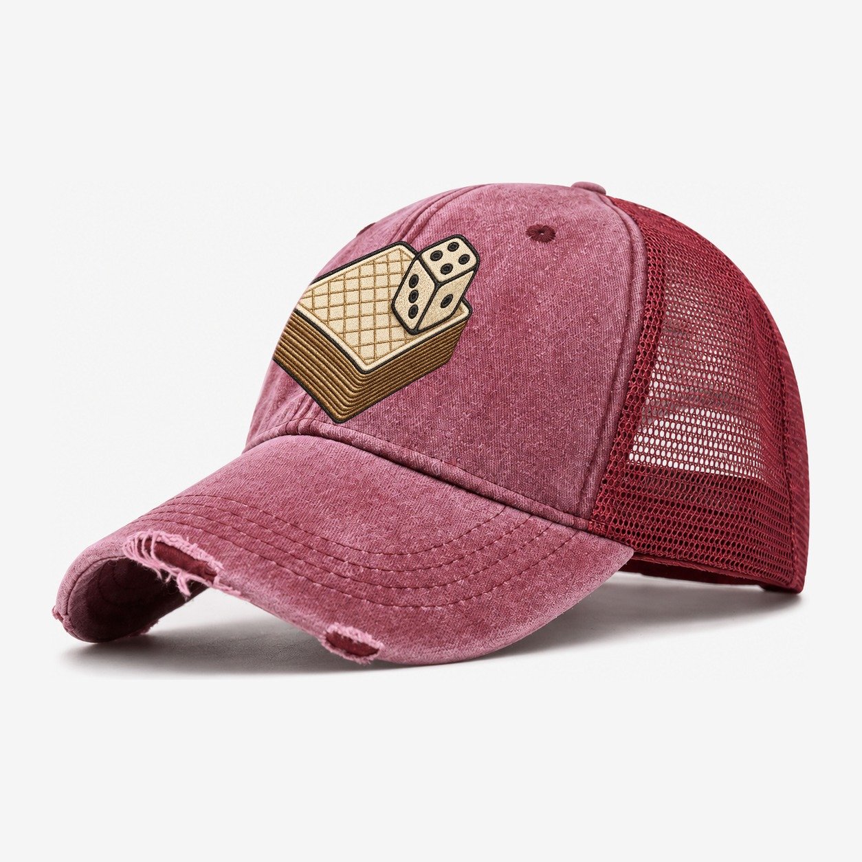 Face Down Card Deck With A Die On Top Board Games Washed Trucker Hat – Wine Red