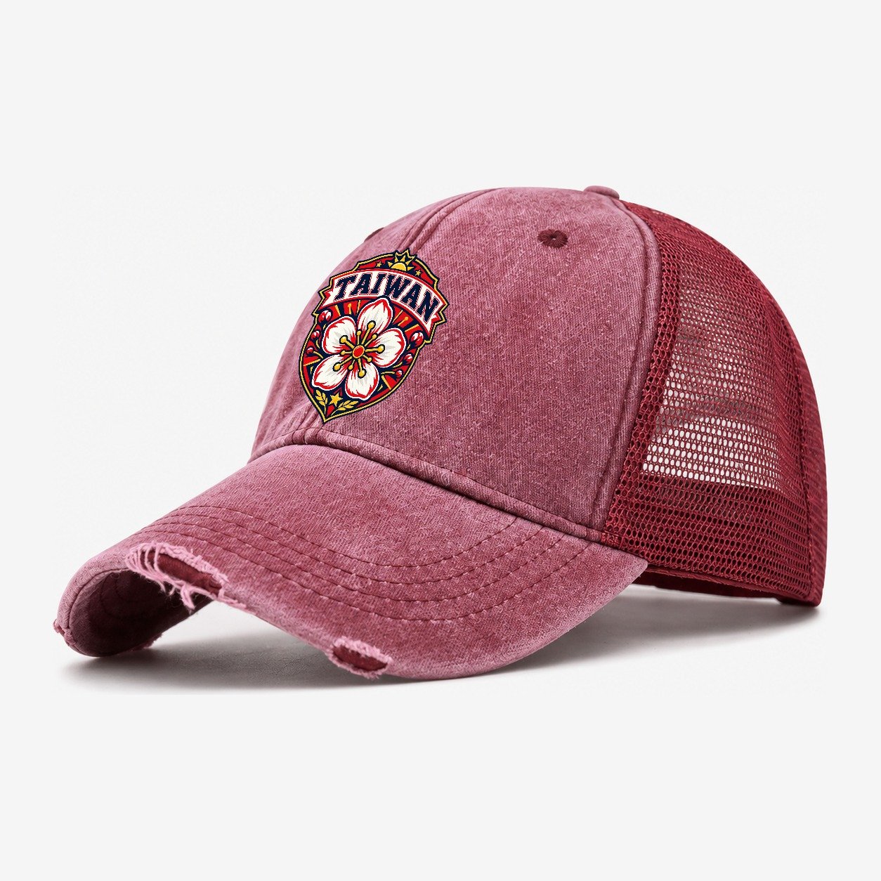 Taiwan Retro Badge Country Logos Washed Trucker Hat – Wine Red