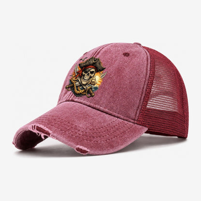 Pirate Skull Sunset Voyage Washed Trucker Hat – Wine Red