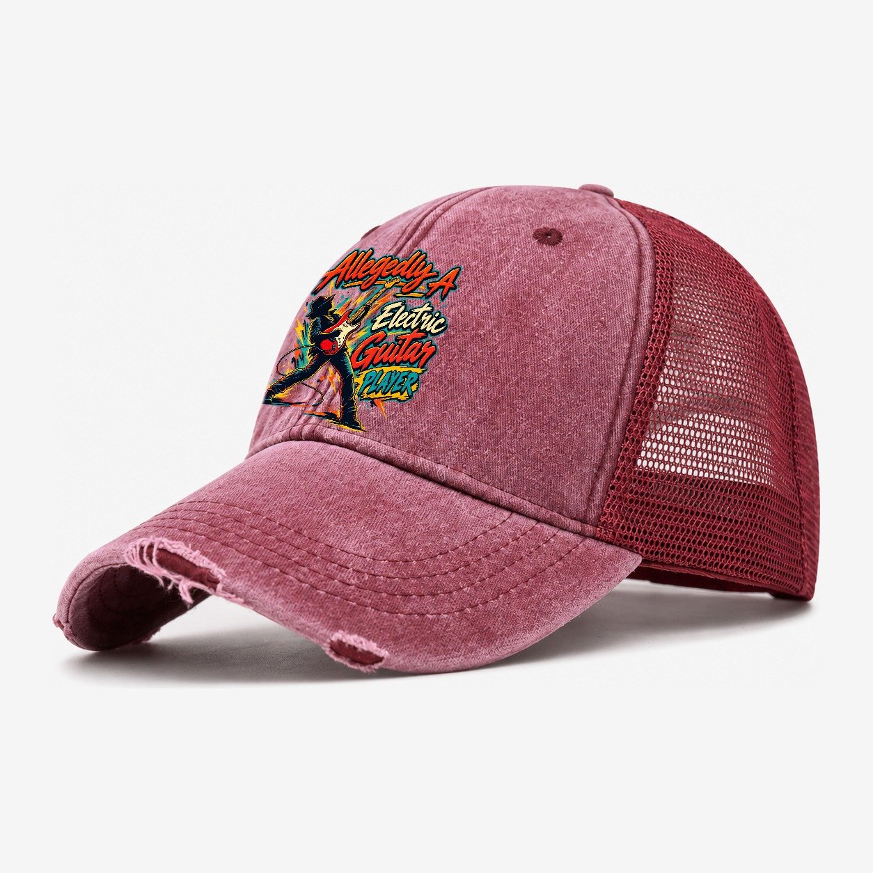 Allegedly A Electric Guitar Player Music Instruments Washed Trucker Hat – Wine Red