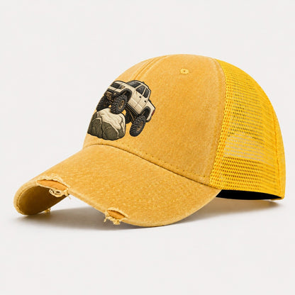 Lifted Pickup On A Boulder Off Roading And Overlanding Washed Trucker Hat – Yellow
