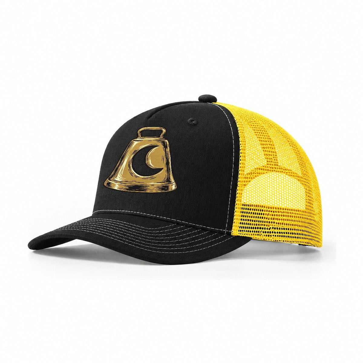 Midnight Brass Bell Sundown Familiars Trucker Hat – Black Yellow