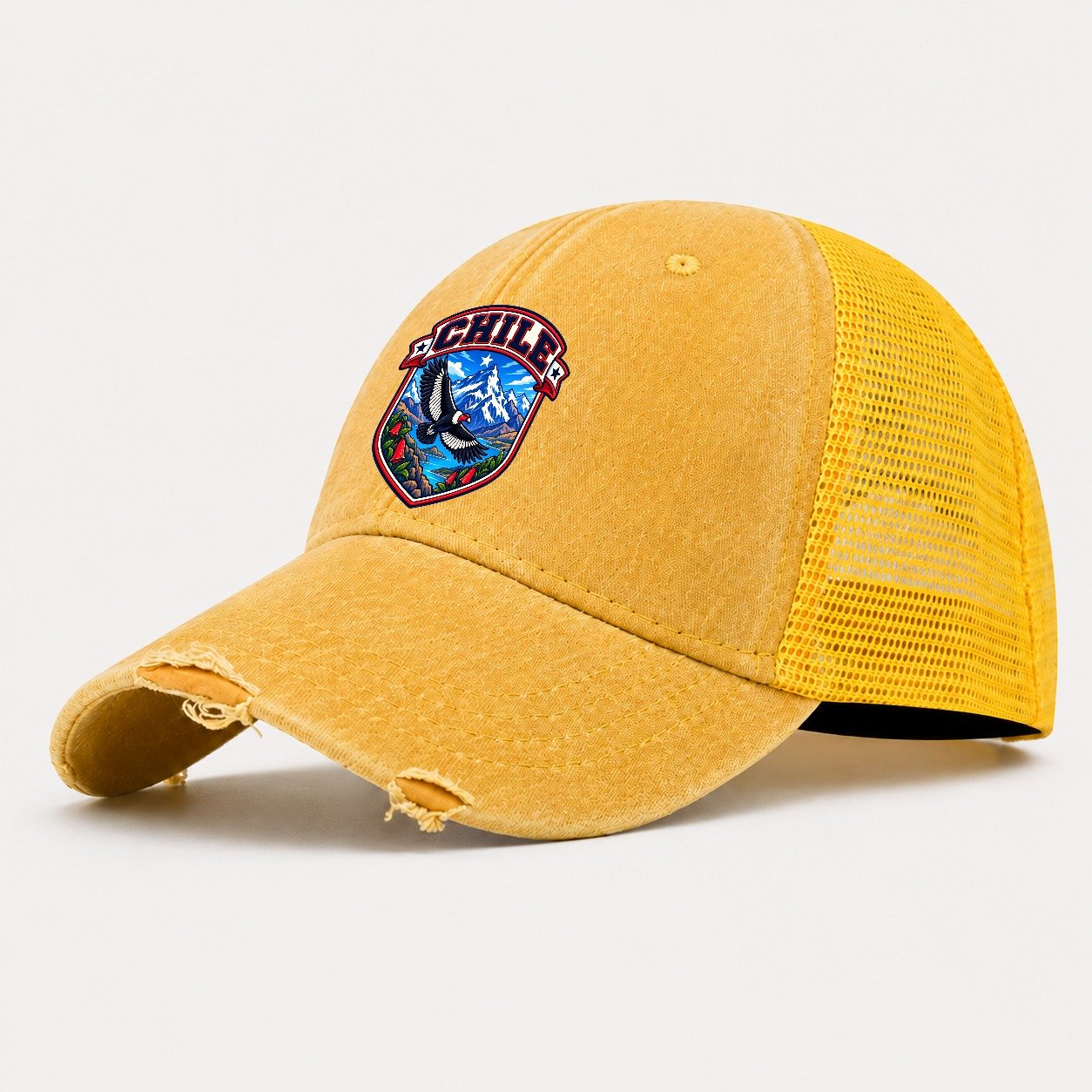 Chile Retro Badge Country Logos Washed Trucker Hat – Yellow