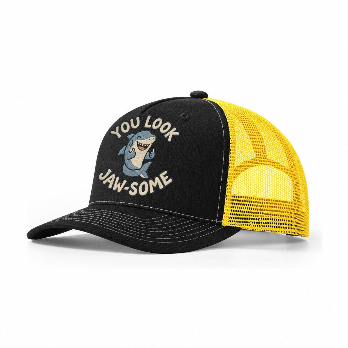 Shark Animal Puns Trucker Hat – Black Yellow