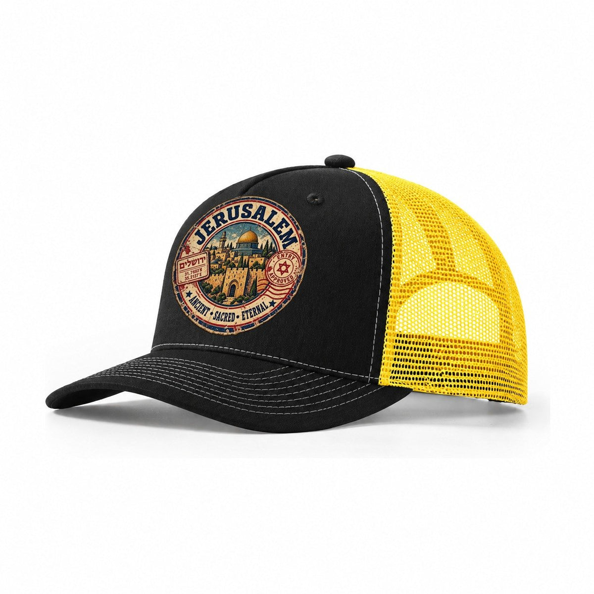 Jerusalem Passport Cachet Jerusalem Trucker Hat – Black Yellow