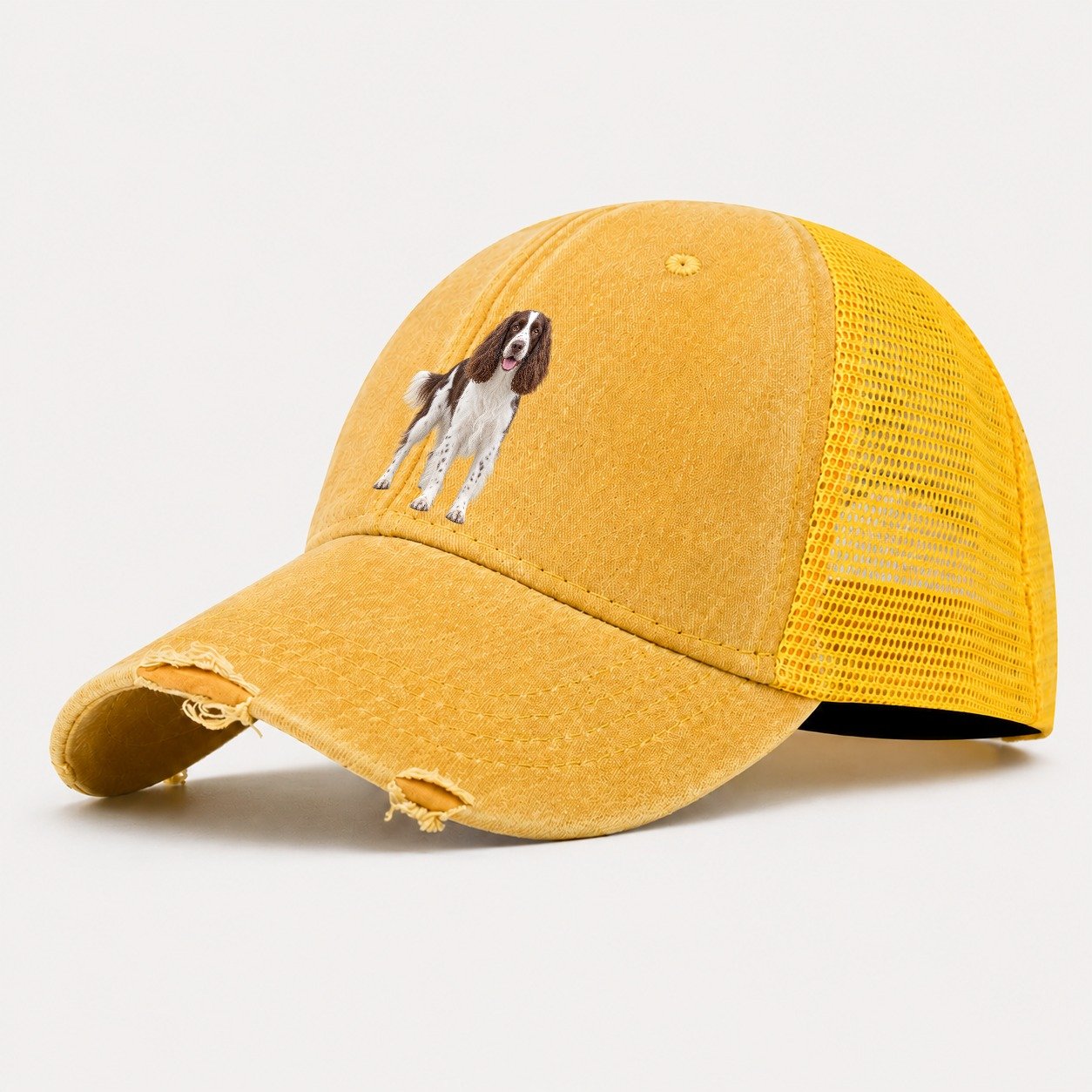 English Springer Spaniel Standing Top Breeds Washed Trucker Hat – Yellow
