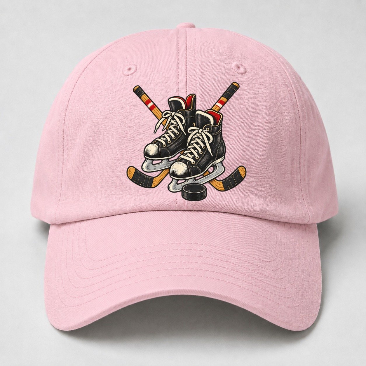 Backyard Hockey Skates Sticks And Puck Canada Cultural Icons Baseball Cap – Pink