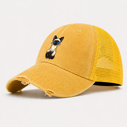 Siamese Sitting Tall Peeking Cats Washed Trucker Hat – Yellow