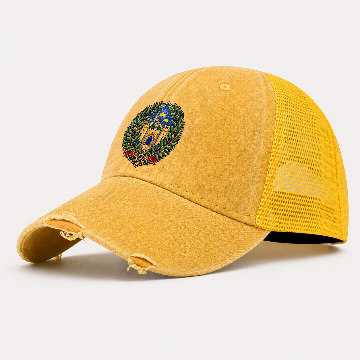 Olive Branch Wreath Jerusalem Washed Trucker Hat – Yellow