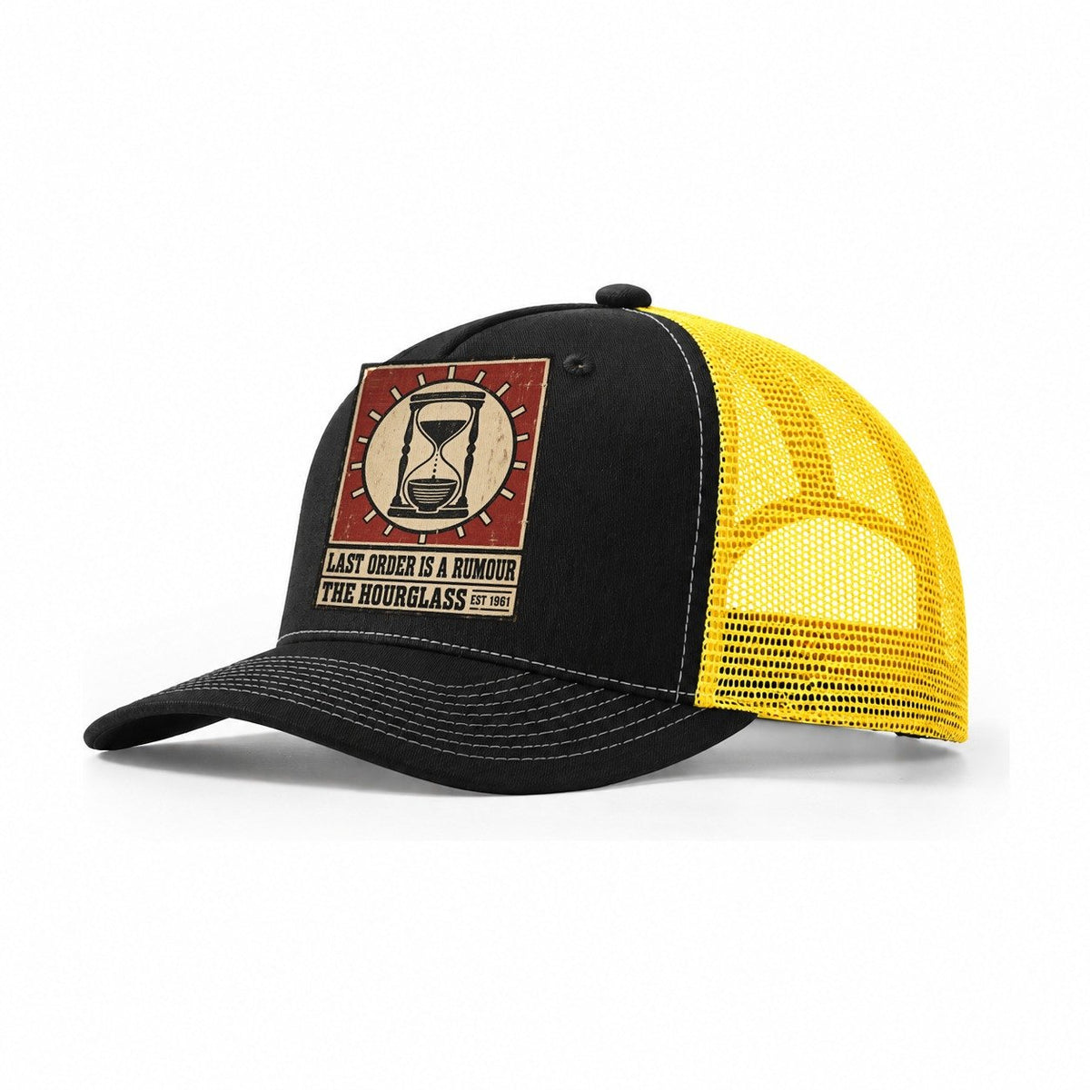 Hourglass Hour Izakaya Rules Trucker Hat – Black Yellow