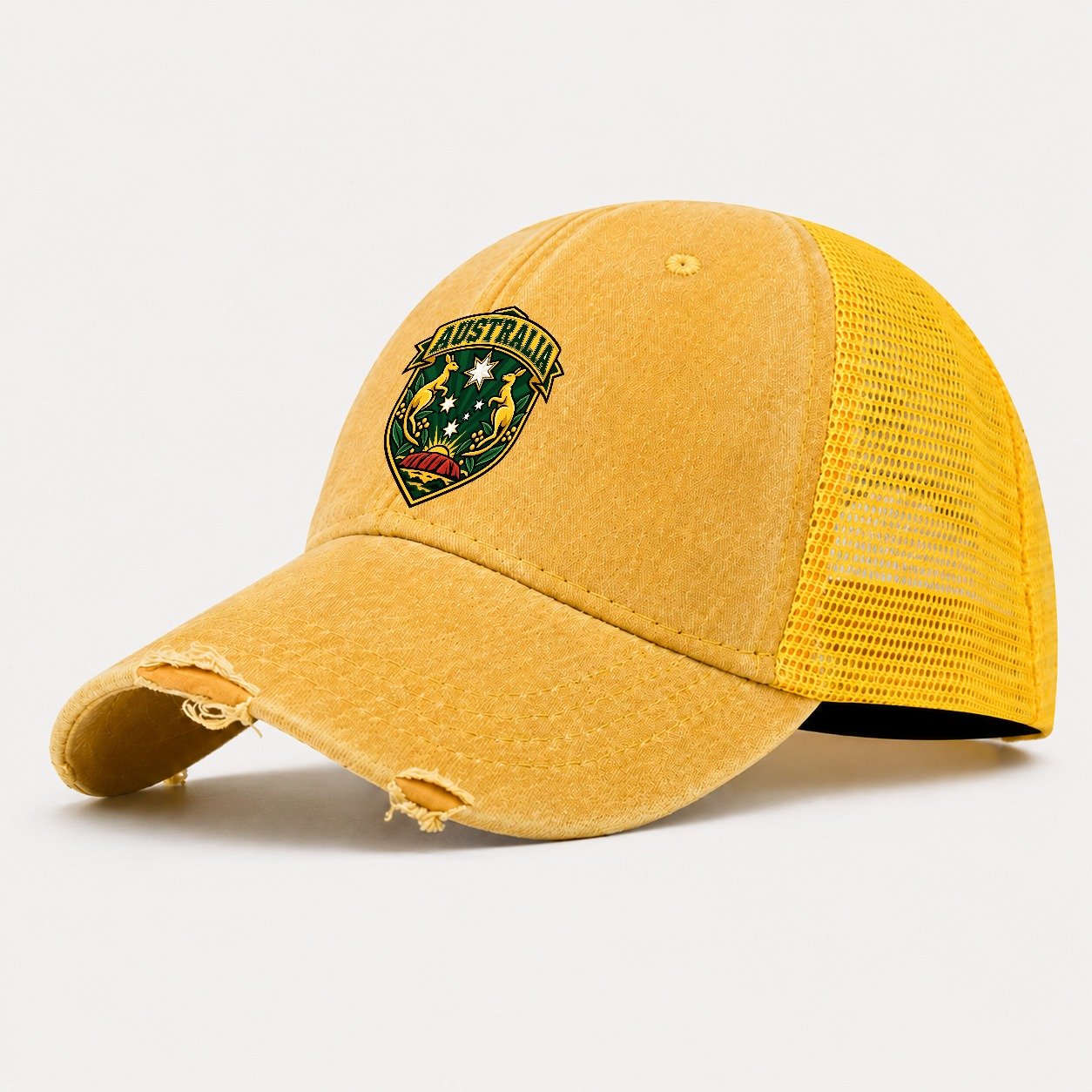 Australia Retro Badge Country Logos Washed Trucker Hat – Yellow