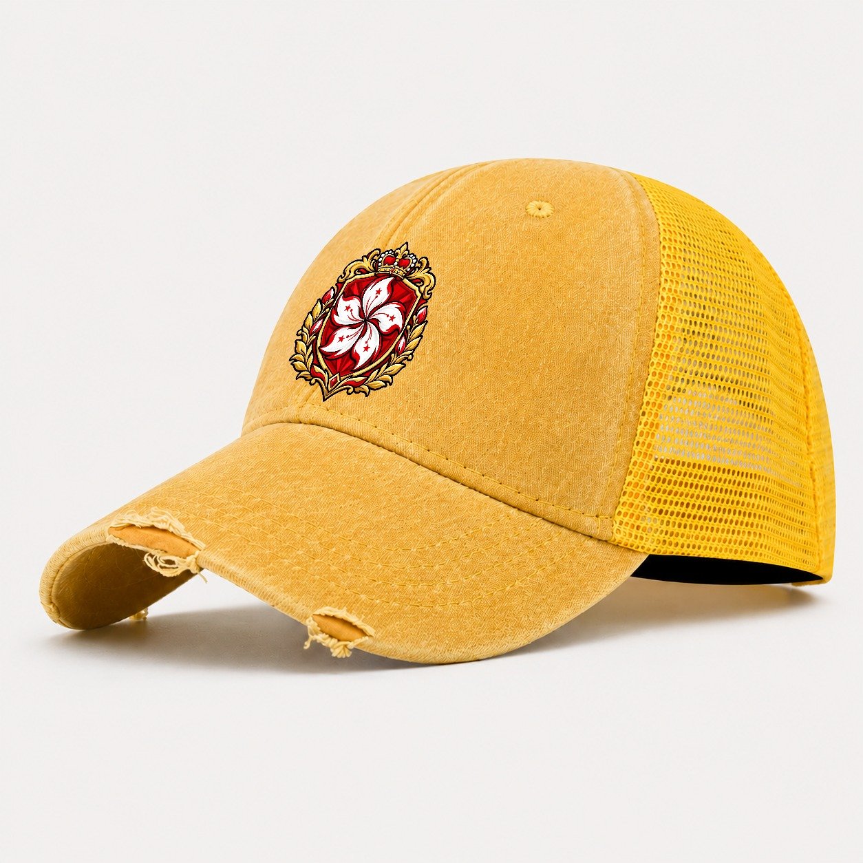 Hong Kong Heraldic Crest Country Logos Washed Trucker Hat – Yellow