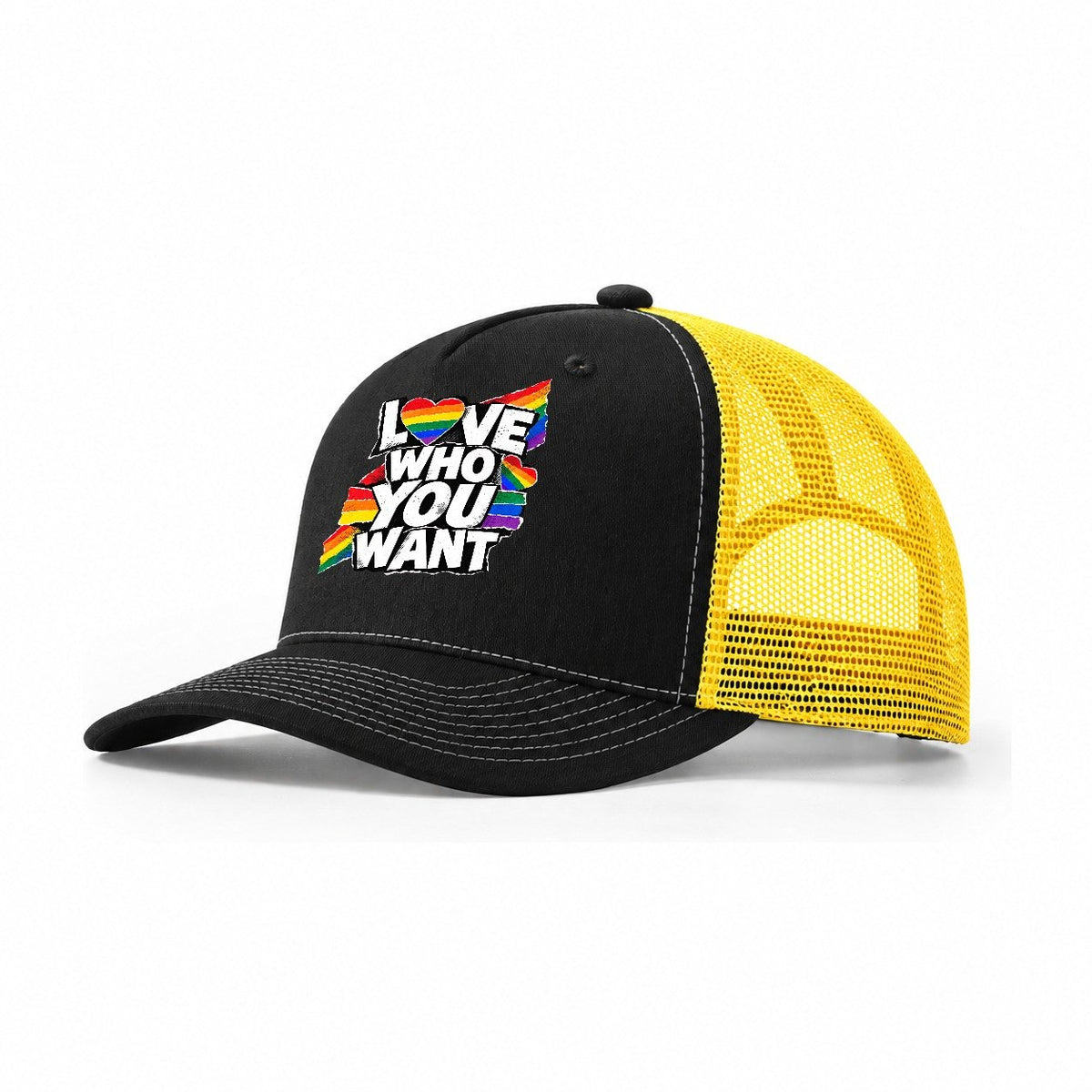 Love Who You Want Rainbow Heart Trucker Hat – Black Yellow