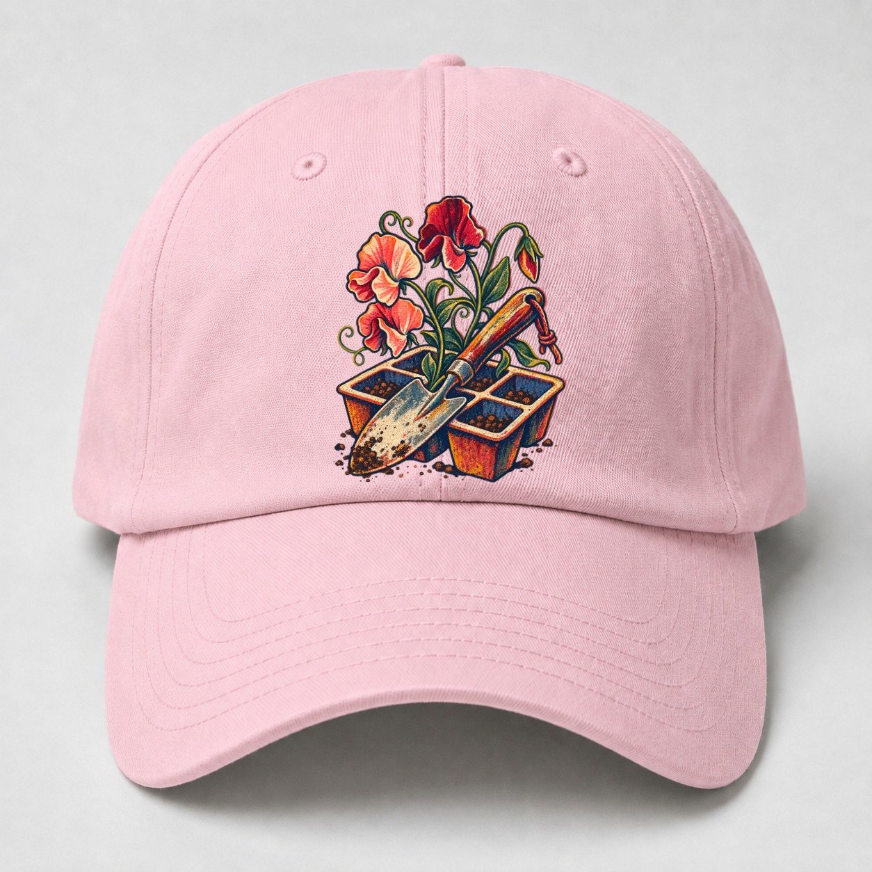 Garden Trowel Seed Tray And Sweet Peas Uk Culture Heritage Baseball Cap – Pink