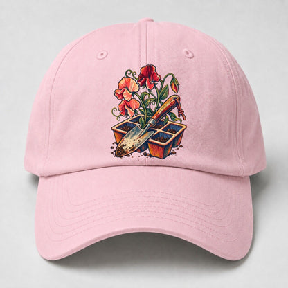 Garden Trowel Seed Tray And Sweet Peas Uk Culture Heritage Baseball Cap – Pink