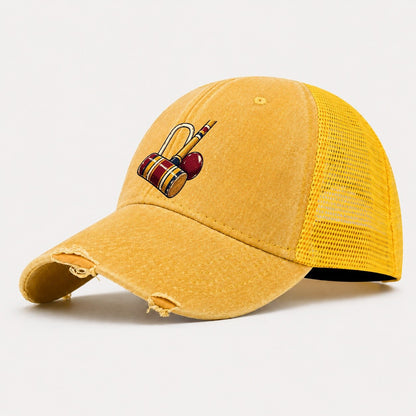 Croquet Mallet Hoop And Burgundy Ball Uk Culture Heritage Washed Trucker Hat – Yellow