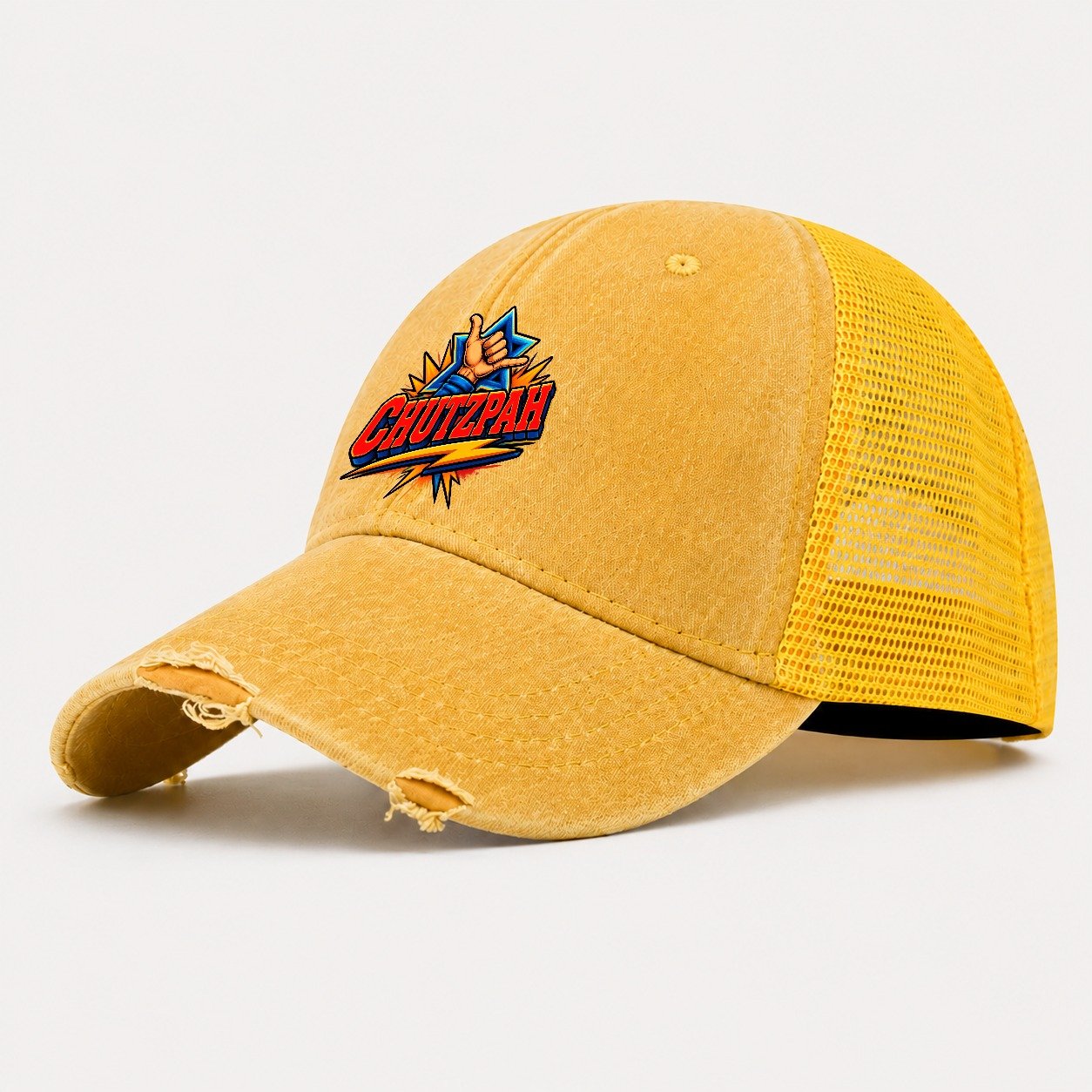 Chutzpah Attitude Judaism Heritage Washed Trucker Hat – Yellow