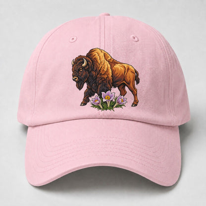 Wood Bison And Prairie Crocus Canada Cultural Icons Baseball Cap – Pink