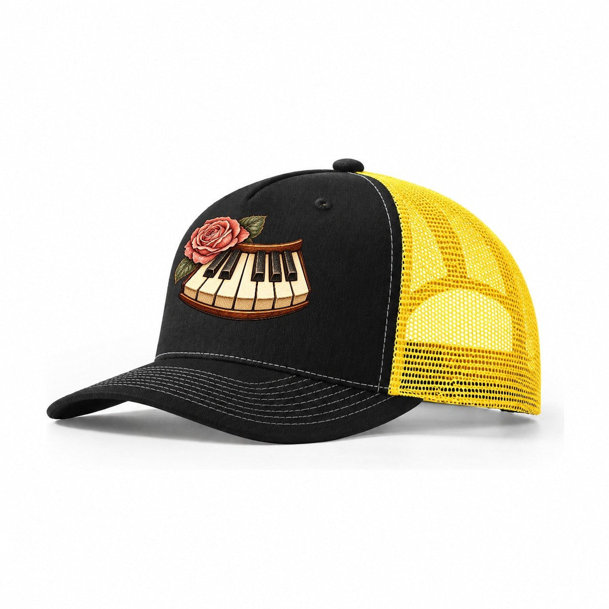 Piano And Garden Rose Character Club Trucker Hat – Black Yellow