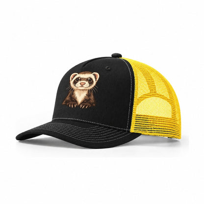 Ferret Mask Portrait Small Pet Logos Trucker Hat – Black Yellow