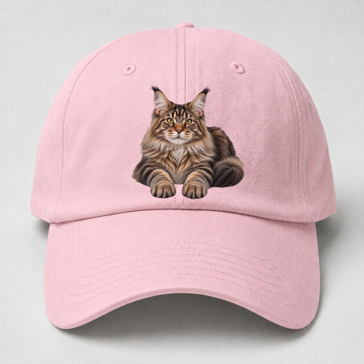 Maine Coon Reclining Paws Forward Realistic Cat Portrait Baseball Cap – Pink